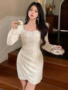 DAZY Đầm ngắn tay dài cổ vuông phối sequin và lông vũ thanh lịch dành cho nữ, thích hợp cho năm mới, Giáng sinh, lễ hội hóa trang. - trắng - Xem 3