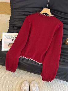 SHEIN Franclia French Romantic Contrast Color Ruffle Trim Cardigan, Commuter Style - Burgundy - View 2