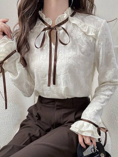 FRIFUL Women's Mock Neck Lace Trim Tie Bow Decor Flare Sleeve Lace Decorated Sweet Blouse