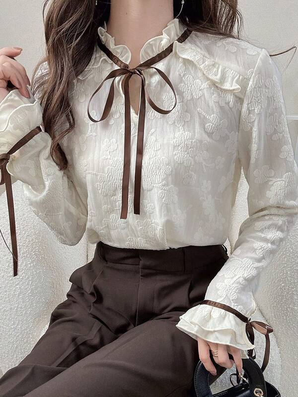 FRIFUL Women's Mock Neck Lace Trim Tie Bow Decor Flare Sleeve Lace Decorated Sweet Blouse