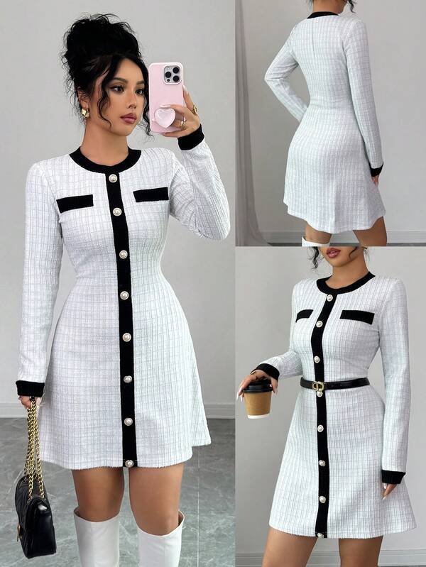 SHEIN Elenzya فستان كنزة بتصميم مخطط ذو ملمس قماش التويد الفرنسي الأنيق والفاخر، بأزرار لؤلؤية مستديرة الرقبة، قصة مناسبة للجسم، مناسب للارتداء في فصل الخريف