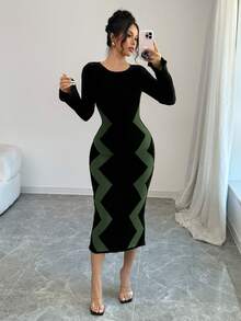 Elenzga Vestido de punto elegante de manga larga y cuello redondo con rayas onduladas ajustado para mujer - Verde Oliva - Ver 1