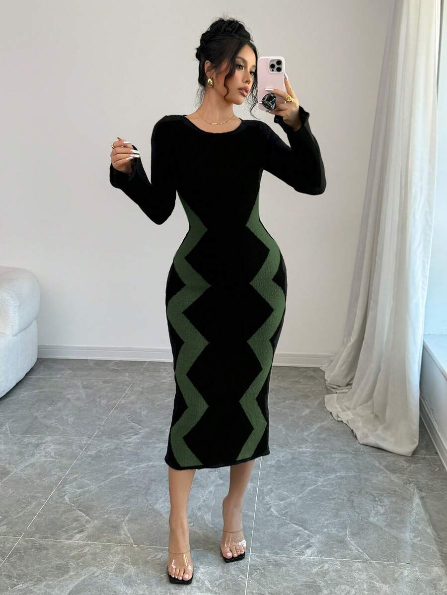 Elenzga Vestido de punto elegante de manga larga y cuello redondo con rayas onduladas ajustado para mujer - Verde Oliva - Ver 1