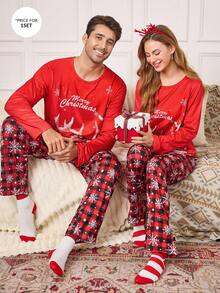 CoupledUp Bộ đồ ngủ nam dài tay họa tiết kẻ caro và bông tuyết họa tiết Giáng sinh, quần dài thường ngày, quần áo mùa đông - Đỏ - Xem 6