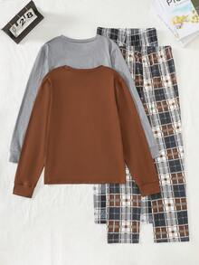 SHEIN 2 Sets Boy Pajamas, Featuring Light Gray & Navy Blue Long Sleeve Tops With Gray & White Plaid, And Navy Blue Loose Fit Pants, Stretchy Knit Fabric, Machine Washable, Comfortable Fit, Family Matching Outfits (2 Sets Sold Separately) - Multicolor - View 2