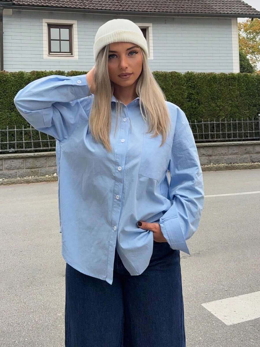 Jeta Ari 女式春夏纯色休闲长袖衬衫，秋装 - 藍色 - 查看 1