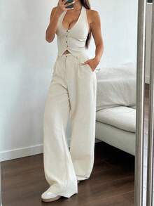 SHEIN Unity 2 件套：领带设计背心和直腿休闲裤 - 杏色 - 查看 3