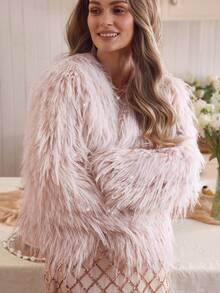 Louniche 优雅高端仿毛皮流苏亮片宽松女式外套，秋冬款 - 粉色 - 查看 3