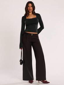 SHEIN BAE Camiseta básica casual de mujer con adorno de encaje en unicolor - Negro - Ver 6