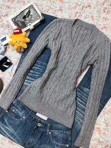 Rina Fox Women's Casual Grey Slim Fit V-Neck Cable Knit Sweater, Autumn/Winter - Grey - View 8