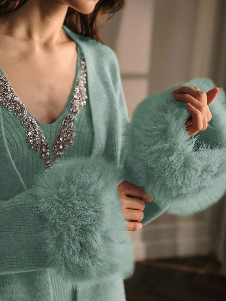 MOTF PREMIUM RHINESTONE DETAIL KNIT TOP & FURRY TRIM CARDIGAN - Mint Green - View 2