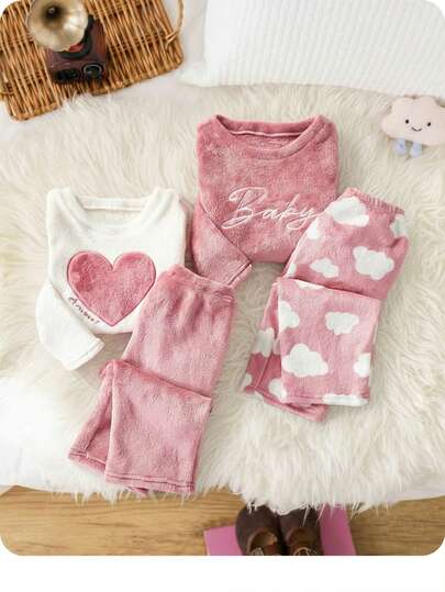 4pcs Baby Girl Valentine's Day Cute Heart & Cloud Print Crew Neck Long Sleeve Top And Soft Fleece Pajama Setcozy Fall & Winter Styles Cozy Pixies Baby Girl Set Baby Girl Warm Sets Pajama Baby Set