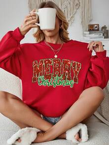 SHEIN LUNE Casual Minimalist Printed Pattern Crew Neck Loose Fit Thick Sweatshirt For Women, Suitable For Autumn/Winter, Red, Merry Christmas Graphic