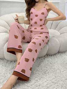 Dream Adore Conjunto de pijama de camiseta de tirantes con cuello en V y pantalones con estampado de oso - Multicolor - Ver 5