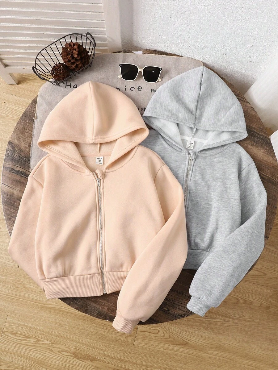 SHEIN Set de 2 sudaderas con capucha y cremallera de ajuste holgado informal para niñas preadolescentes - Rosa Pálido - Ver 1