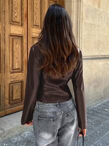 Aloruh Contrast Color Minimalist Jacket, Long Sleeve Outerwear For Early Autumn - Coffee Brown - View 2
