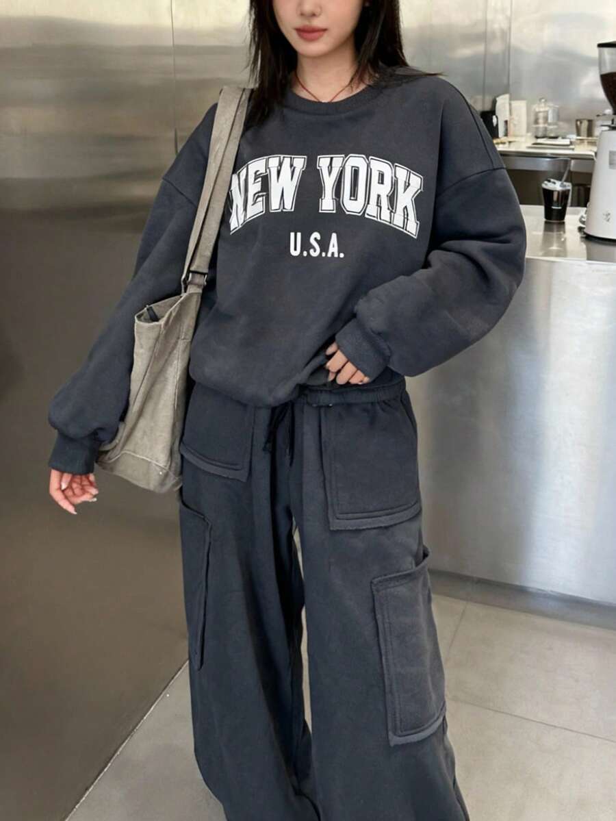 少女灰色英文图案印花圆领运动衫和口袋运动裤休闲套装 - 深灰色 - 查看 1