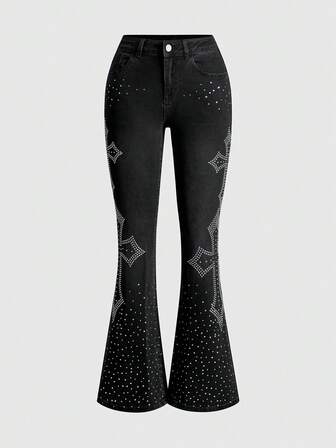 J-Fashion Women's Retro Y2K Sexy Cross Rhinestone Decor Low Waist Flare Jeans