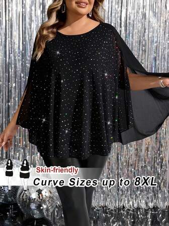 SHEIN CURVE+ Plusstorlek damskjorta med rund hals och långärmad, casual skjorta, avslappnad fest, skjorta i glansigt tyg