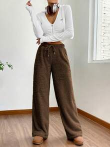 SHEIN EZwear 女士休闲咖啡棕色抽绳腰阔腿裤，冬季服装 - 咖啡棕 - 查看 4