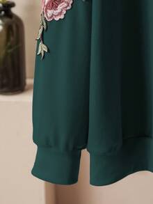 Lacomfia Plus Size Casual Solid Color Round Neck Patch Sleeve Loose Fit Sweatshirt, Spring & Autumn - Dark Green - View 3