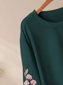 Lacomfia Plus Size Casual Solid Color Round Neck Patch Sleeve Loose Fit Sweatshirt, Spring & Autumn - Dark Green - View 7