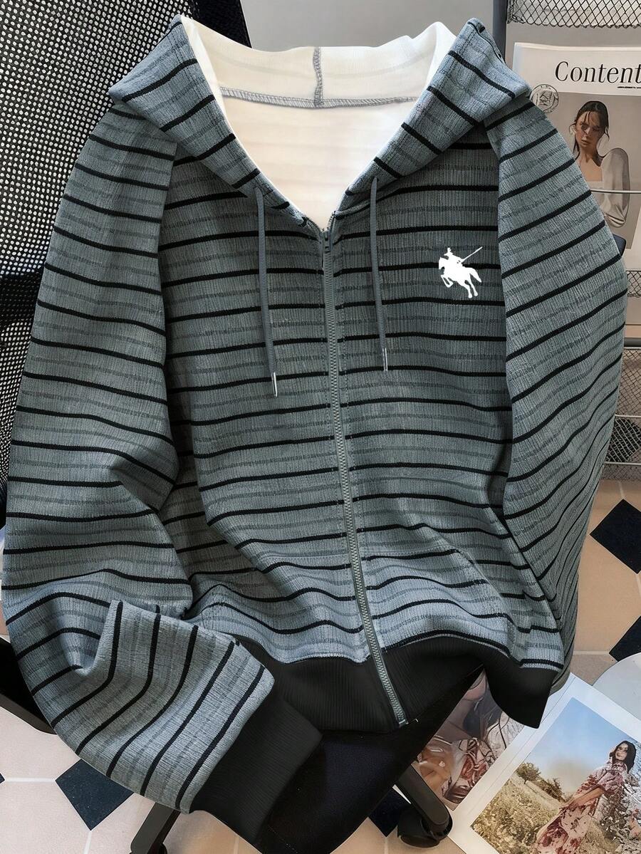 SHEIN 复古美式风格小马标志条纹休闲卫衣 - 灰色 - 查看 1