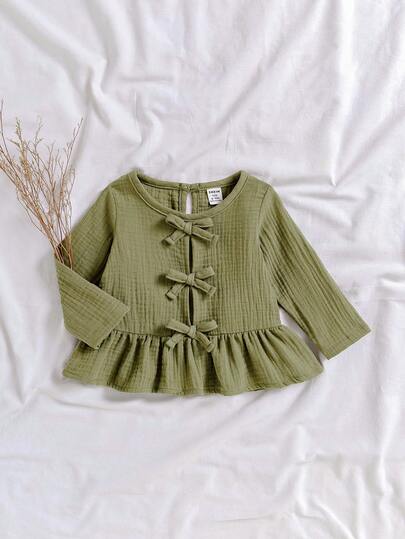 SHEIN Vintaside Kids 女婴休闲纯绿色蝴蝶结装饰长袖上衣，秋季款
