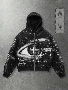 ROMWE MEN Street Life 春季休闲男士字母和眼睛印花拉链连帽衫，带保暖内衬，秋冬季，Y2K - 黑色 - 查看 3