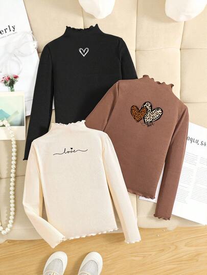 Tween Girl 3pcs Set: Solid Color Ribbed Mock Neck Tee, Heart Leopard Print Graphic Tee