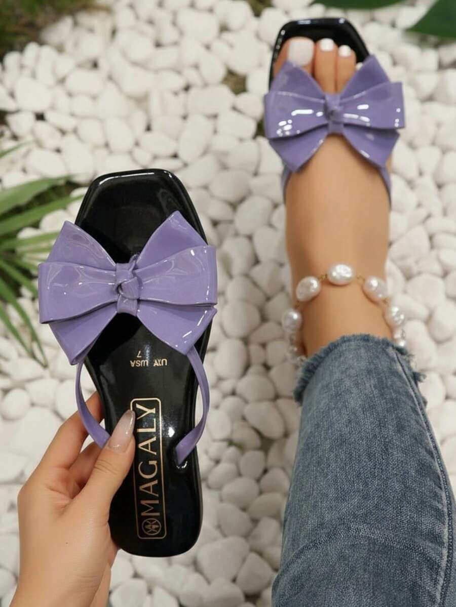 Sandalia de mujer elegante con lazo grande, punta cuadrada, tiras de charol, estilo casual de verano, ideal para playa y diario - Morado - Ver 1