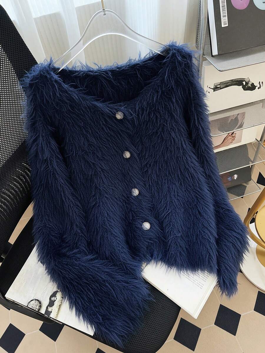 SHEIN Clasi Cardigan Kasual Warna Polos Ukuran Besar, Musim Gugur/Musim Dingin - Biru - View 1