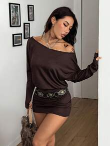 Coolane 女士时尚性感纯色不对称领迷你连衣裙 - 咖啡棕 - 查看 2