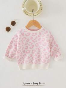 Cozy Pixies Baby Girl Leopard Print Soft Knit Crew Neck Long Sleeve Pullover Sweater, Versatile For Home & Casual Wear, Autumn/Winter Toddler Leopard Print Baby Girls Sweatshirts Toddler Girl Animal Print - Pink - View 3