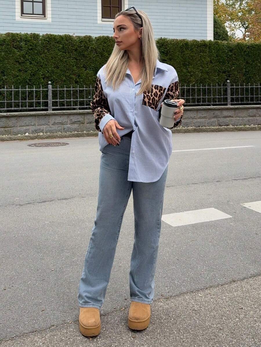 Jeta Ari Damen Leopard Patchwork gestreiftes Langarm Lässig Bluse, Retro Damen Blusen, Herbst Damen Kleider, Damen Hemden, Formale Damen Kleider, Streetstyle Hemden, Leoparden Hemden - Verschiedenfarbig - Übersicht 1