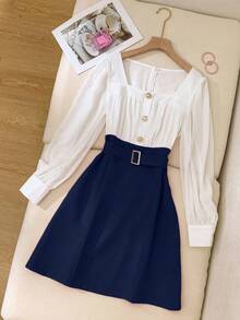 Franclia 女士纽扣设计网纱长袖优雅连衣裙 - 藏蓝色 - 查看 6