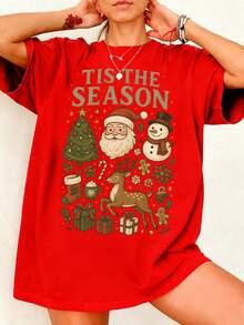 EMERY ROSE 复古圣诞衬衫，“节日季”主题，复古圣诞美学，女士圣诞衬衫，圣诞老人雪人图案T恤 - 紅色 - 查看 1