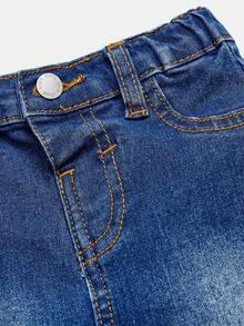 SHEIN Bộ 2 món quần jean bó ống cao co giãn có cổ tay dài màu kaki rách cho bé trai/trẻ mới biết đi, trang phục dạo phố thoải mái và đa năng cho bé - Rửa tối - Xem 4