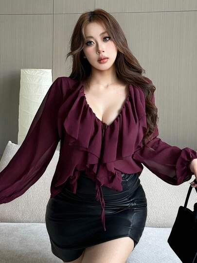 Vibekara Plus Size V-Neck Solid Color Chiffon Ruffle Hem Sheer Sexy Long Sleeve Blouse