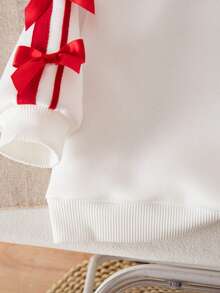 SHEIN 2pcs Baby Girl Cute Sports Casual Bow Knit Long Sleeve Sweatshirt & Elastic Waist Pants Set - Red and White - View 4