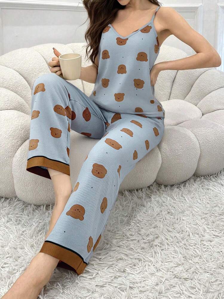 Conjunto de pijama de camiseta de tirantes con cuello en V y pantalones con estampado de oso - Multicolor - Añade 6