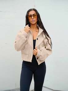SAYEHFBABY Solid Color Stand Collar Pocket Short Jacket For Women,Fall Clothes - Apricot - View 5