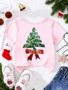 1pc Baby Girl Unisex 0-3Y Christmas Pattern Casual Pink Short Sleeve Crew Neck T-Shirt, Suitable For Christmas Outings, Home Activities, Daily Casual Wear, Christmas Pink Crew Neck T-Shirt - Pink - View 2