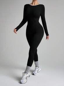 Slayform Slayform Seamless Yoga Jumpsuit,Black And White Contrast,Long Sleeves,Backless Criss-Cross Straps,Slim Fit One Piece For Autumn Athleisure,Gym,Pilates,Yoga - Black - View 4