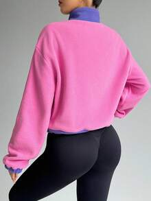 Dewbera 女士字母图案落肩长袖撞色拉链半门襟运动卫衣 - 玫紅色 - 查看 2