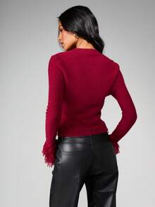 MISSGUIDED Women's Knitted Cardigan With Fringe Cuff Detail And Button Front Closure - Rose Red - View 2