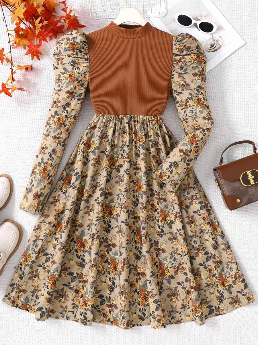 SHEIN Tween Girls Ribbed Ditsy Floral Gigot Sleeve Midi Dress, Suitable For Autumn/Winter - Multicolor - View 1