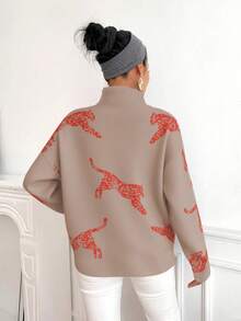 SHEIN Clasi Women's Casual Animal Pattern Stand Collar Sweater, Autumn/Winter, Christmas - Apricot - View 2