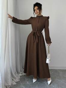 Elenzga 女士纯色荷叶边前襟纽扣长袖休闲长款收腰连衣裙，及地长裙，女装 - 鏽棕色 - 查看 4