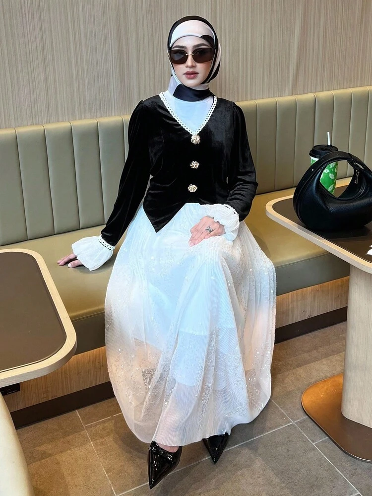 Women's Elegant Mesh Patchwork Button Decor Long Dress Prom Dress Modest Fashion Maxi Dress